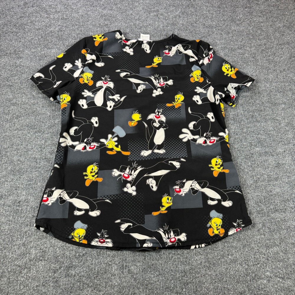 Looney Tunes Scrub‎ Top Womens M Black Sylvester Tweety V-Neck Nurse Medical